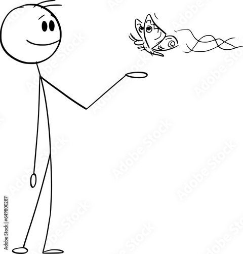Person And Butterfly, Vector Cartoon Stick Figure Illustration