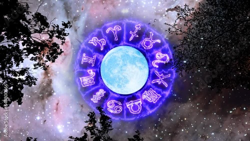 blue moon and 12 zodiac sign border fire bolt effect rotate over silhouette branch tree on the space and carina nebula background