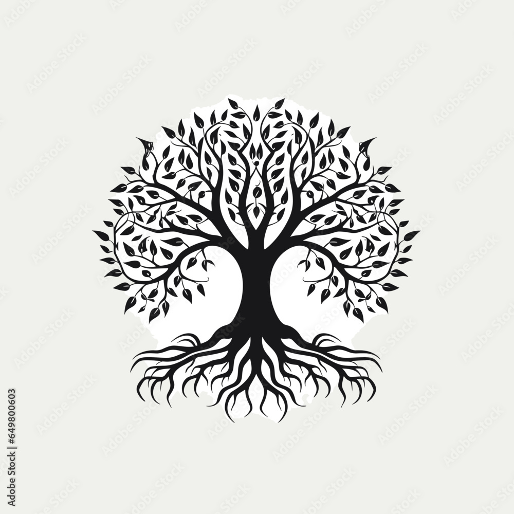 Obraz premium black tree silhouette vector illustration with roots isolated on white background.