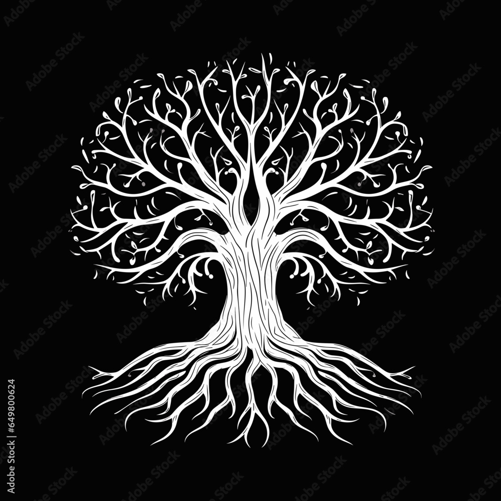 White tree silhouette vector illustration with roots isolated on black background. White tree silhouette vector illustration with roots isolated on black background.