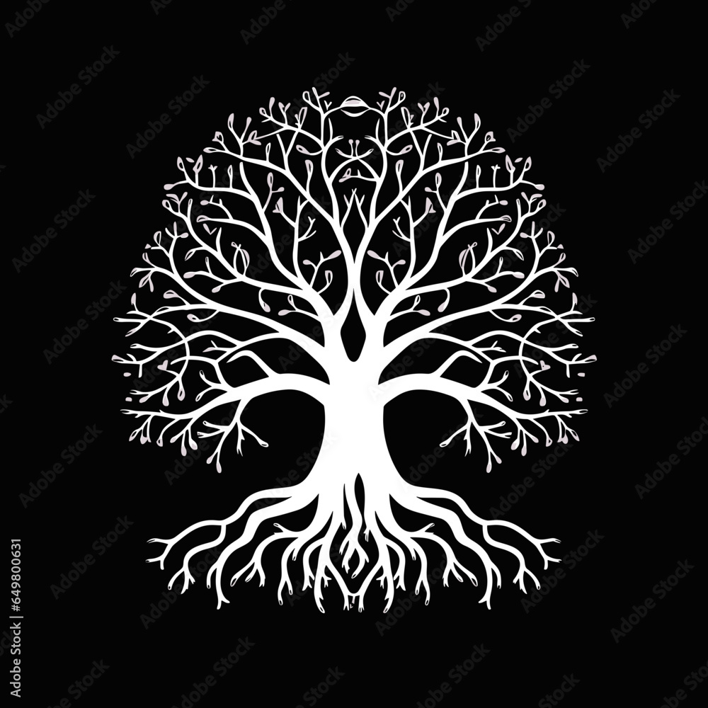 Obraz premium White tree silhouette vector illustration with roots isolated on black background.