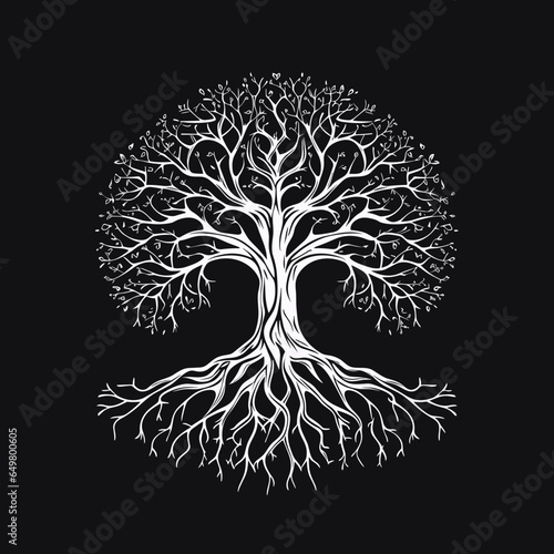 White tree silhouette vector illustration with roots isolated on black background.