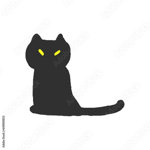 手描きのシンプルな黄色い目の黒猫のイラスト - 座っているネコ･ハロウィンのイメージ素材
