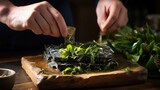 a chef's hands expertly handling seaweed while preparing a mouthwatering recipe.
