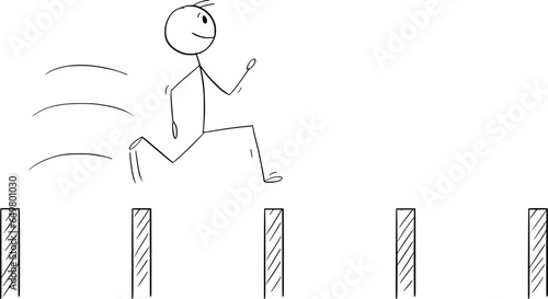 Person or Businessman Jumping over Stakes or Obstacles, Vector Cartoon Stick Figure Illustration