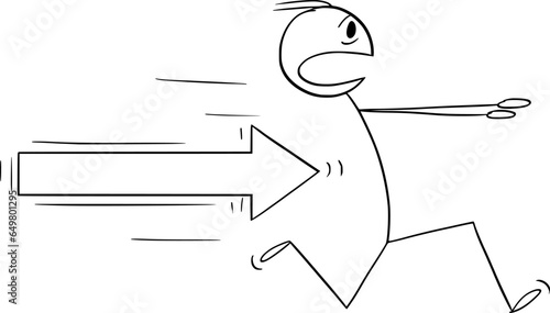 Person Running Away from Arrow, Vector Cartoon Stick Figure Illustration