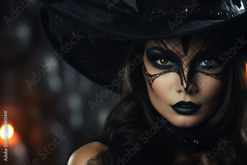 Portrait of beautiful woman daark witch halloween catrina made with Generative AI photo