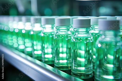 In an industrial pharmaceutical factory  a clean production line fills transparent medicine bottles with liquid.