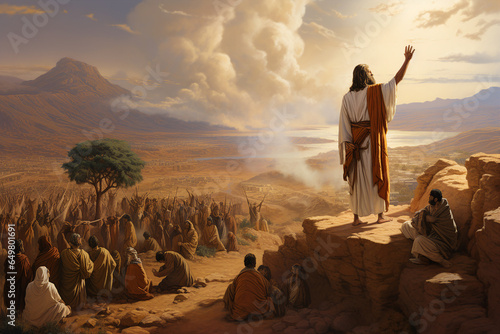 Fotografija Generative AI picture of Jesus Christ preaching on the mountain teaching discipl