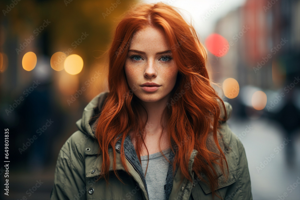 Generative AI technology picture of young red hair student girl in sunny autumn city park Generative AI technology picture of young red hair student girl in sunny autumn city park
