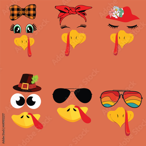 Set of turkey face vector illustration. Cute funny Thanksgiving turkey faces