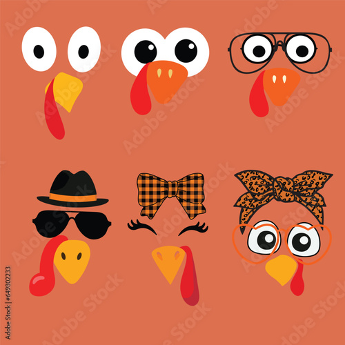 Set of turkey face vector illustration. Cute funny Thanksgiving turkey faces