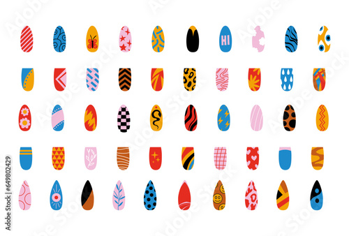 Painted nails collection. Colorful glossy decorative polish collection with texture and print for finger nail. Woman manicure pedicure design vector set