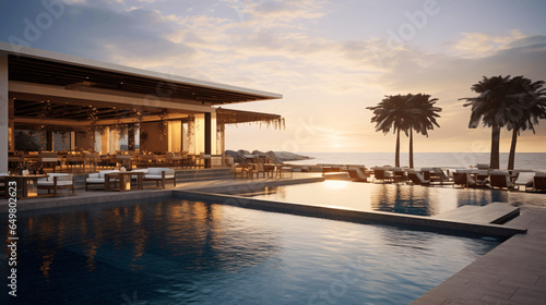 The pool bar in the luxury hotel exudes elegance and sophistication, with its sleek design, comfortable lounge seating, panoramic views the shimmering pool and lush gardens. Generative AI illustration