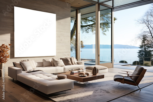 Interior design modern minimal living room with beach or sea view, interior summer style, resort or hotel with luxury,  three-dimensional, generative ai. © Sitti