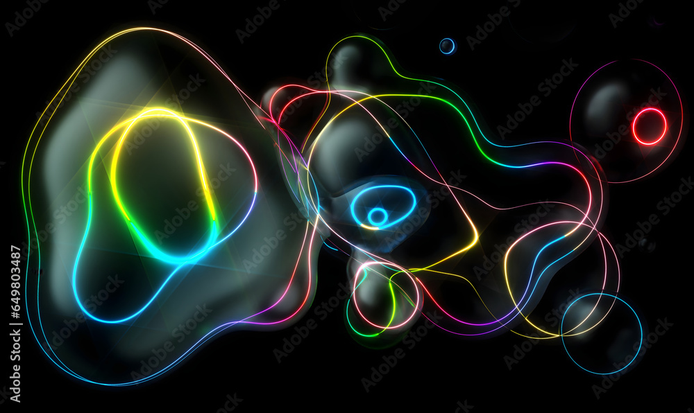 3d render abstract art surreal smooth and round substance based on meta balls spheres or bubbles in matte plastic material in blue purple green and yellow gradient color with fluorescent glow effect