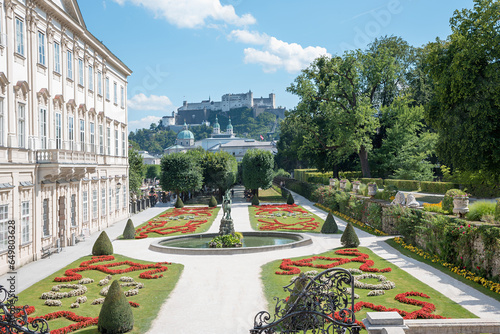 tourist place Salzburg, view to Mirabellgarten and the old castle