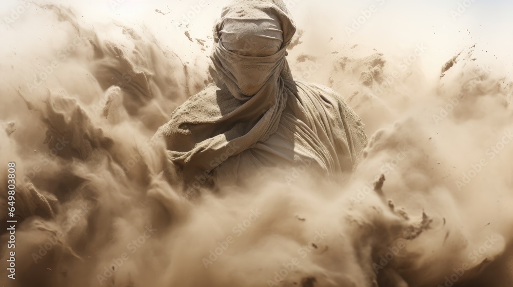 human figure made entirely out of sand in the middle of a whirlwind of sand