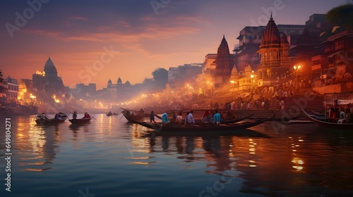 Varanasi city with ancient architecture. View of the holy Manikarnika ghat at Varanasi India at sunset 
 photo