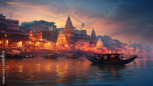 Varanasi city with ancient architecture. View of the holy Manikarnika ghat at Varanasi India at sunset 
 photo