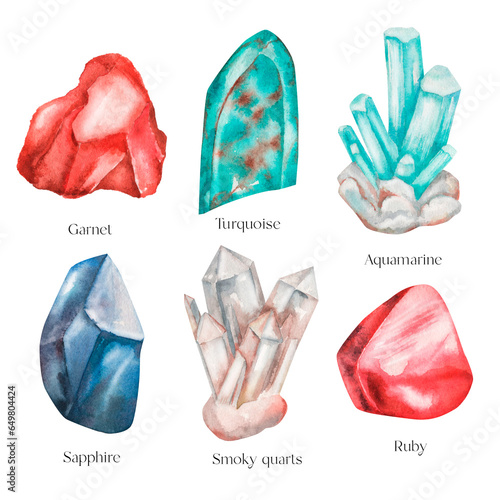 Watercolor isolate colorful Crystal cluster Gemstone Stone elements on white background hand drawn. Aquamarine, smoky quarts, garnet,  sapphire, ruby, turquose photo