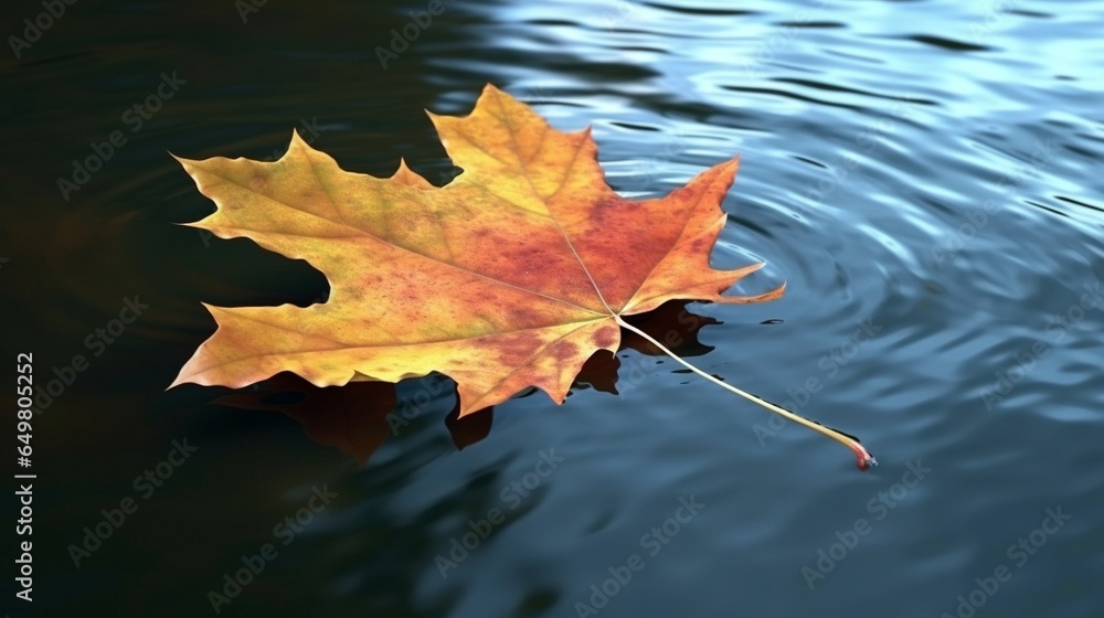 Maple leaf on the water surface with ripples. Autumn background. Generative AI. Maple leaf on the water surface with ripples. Autumn background. Generative AI.
