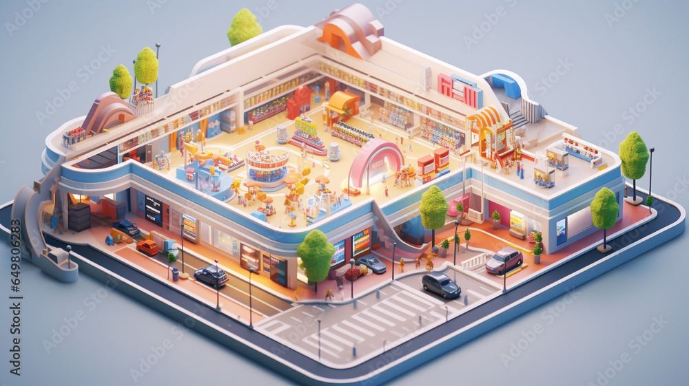 3D of the shopping mall. Business concept. Isometric style. Generative AI.