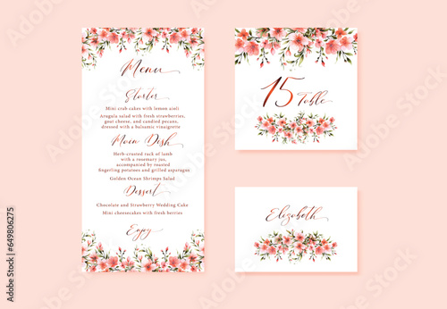Watercolor floral wedding menu, table and escort cards with vintage flowers and gold calligraphy, vector template.