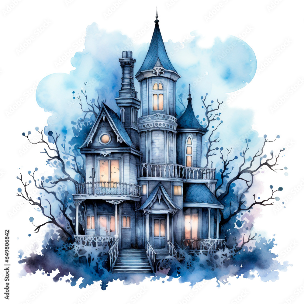 Blue Haunted Mansion, watercolor, generative AI