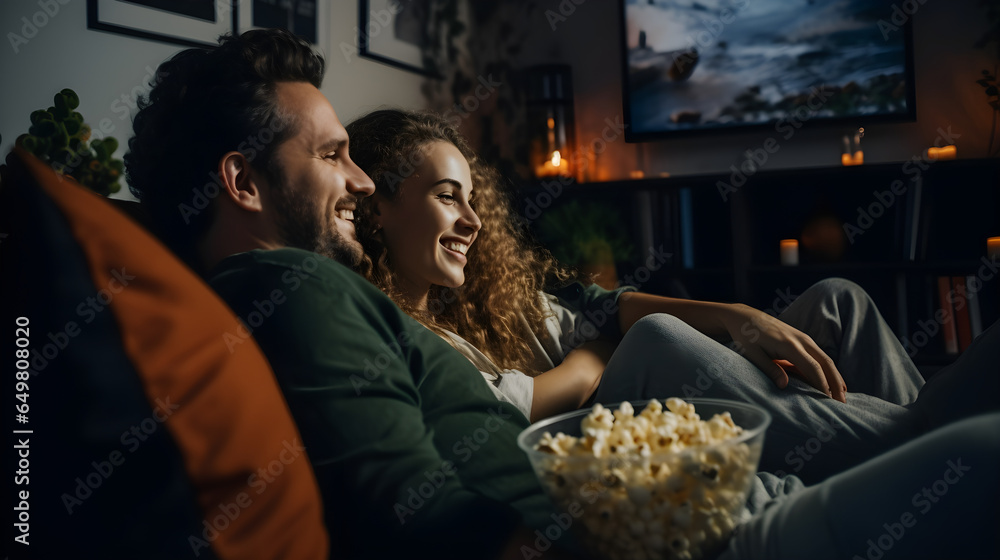 Φωτογραφία Young happy couple watching movie on TV at home and eating popcorn while relaxing in the living room