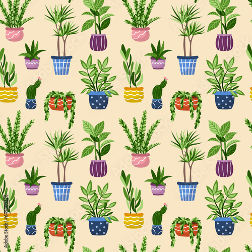 Vector seamless pattern of house plants in pot. Hand drawn doodle exotic home plants illustration. Backdrop for wallpaper, print, textile, fabric, wrapping