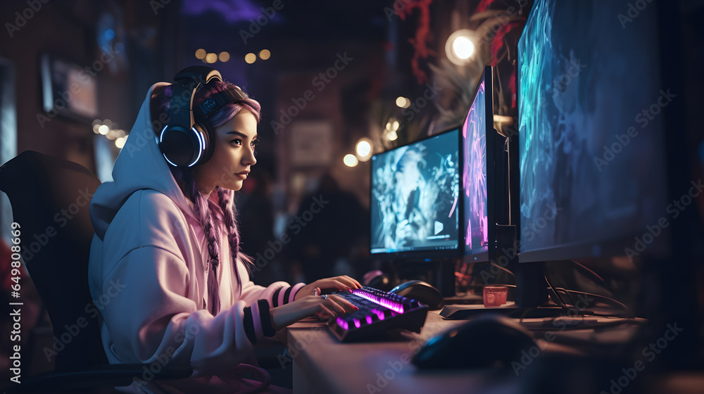 Professional girl gamer plays in MMORPG, Strategy Video Game on her computer. Wears gaming headset and headphones. Participating in online Cyber Games Tournament, plays at home, or in Internet cafe.