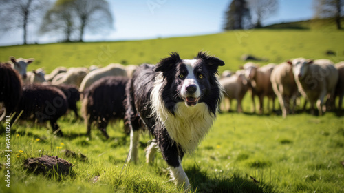 Border collie herding sheep in a lush spring pasture  Background  Illustrations  HD