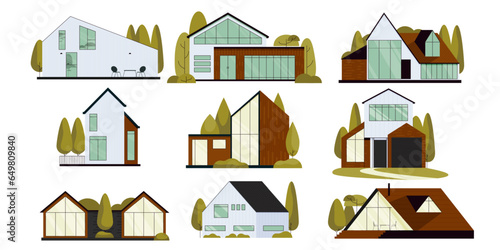 Modern suburban villas. Luxury house with terrace and garden. Urban real estate with apartment and house. Vector isolated set