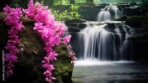 Flowers in forest it flow on the pink waterfall, Background, Illustrations, HD