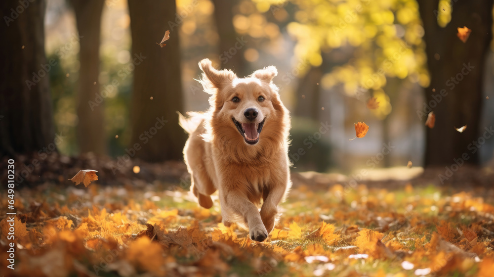 Happy Dog Chasing Spring leaves in the park, Background, Illustrations, HD