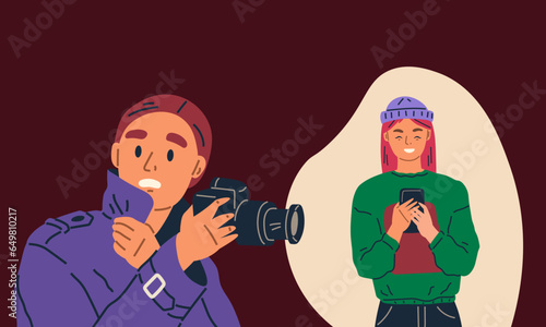 Spying, observing and sneaking. Vector illustration. Characters peeping, silent figures drawn by curiosity Looking out, measure of caution or anticipation Peeking person, hidden watcher treading