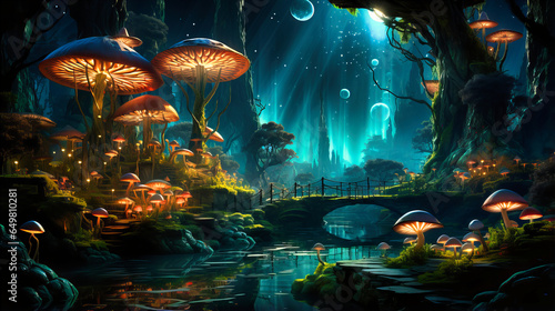 Luminescent Mushrooms Glowing Amidst the Forest's Darkness, Earth's Natural Lanterns,