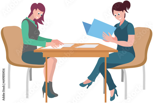Female character sitting on chair at office meeting holding paper folder, study information in document, women reading textbook. Students at lecture, conference secretary, managers prepare report