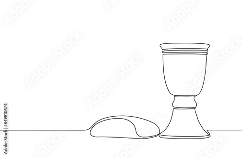 Freehand drawing with one continuous line. Cup of wine and bread for the Lord's supper