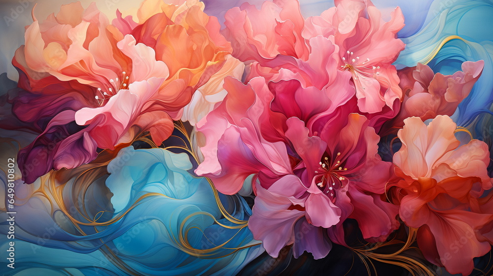 Abstract background with bright multicolored hibiscus flowers.