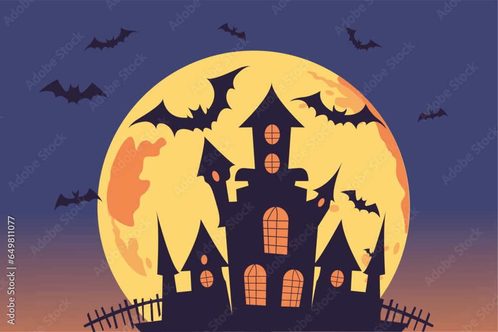 Halloween background with haunted house, full moon and bats, Halloween spectral House, Halloween party poster