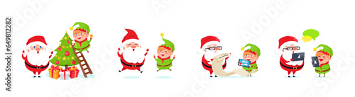 Santa Claus big Christmas and New Year set. Set of funny cartoon Santa with different emotions and situations. Happy old man with white beard. Santa with elf. Christmas scenes for your festive design