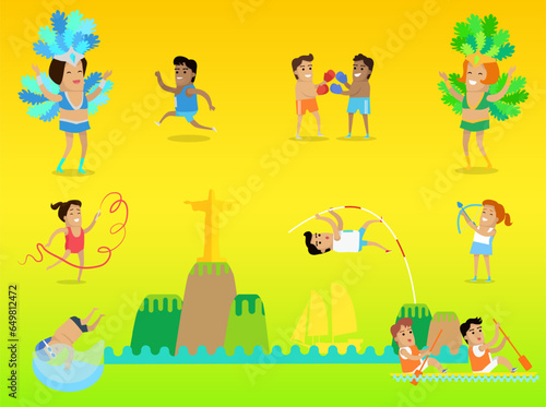 Brasil Rio summer games. World travel event for people sports. Copacabana. Carnival Brazil. Vector Illustration. Athletes compete. Rio sport jorney