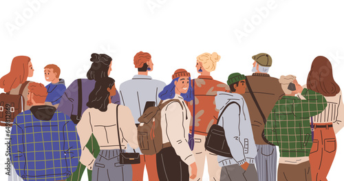 Big queue. Many multitude people. Vector illustration. The crowd queuing for grand opening eagerly anticipated doors opening People waiting in long line found ways to pass time, such as reading