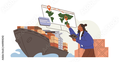 International logistic. Global delivery export. Vector. Worldwide shipping allows businesses to reach international markets Inventory delivery is key in keeping stores stocked. Ship cargo delivery