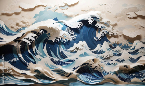 A blue and white paper layered art Japanese giant waves.
