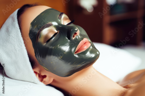 Beautiful Woman Lying On A Bed In A Beauty Salon With A Black Charcoal Peel Off Mask On Her Face. Ai Generated
