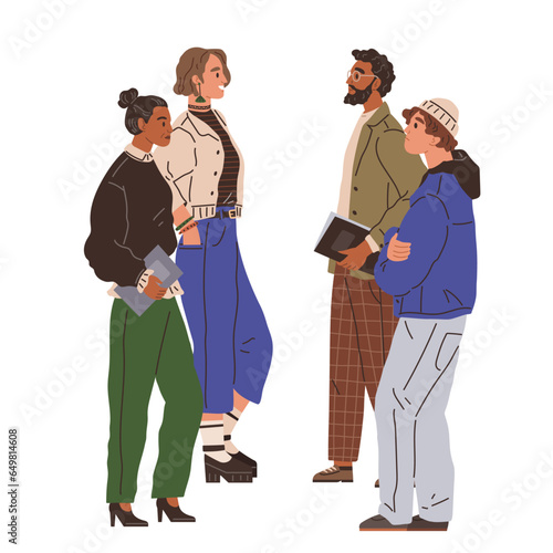 Waiting line, people queuing. Vector illustration. People waiting in line at gas station were filling up before storm In some countries, people vote at election centers set up in schools and public