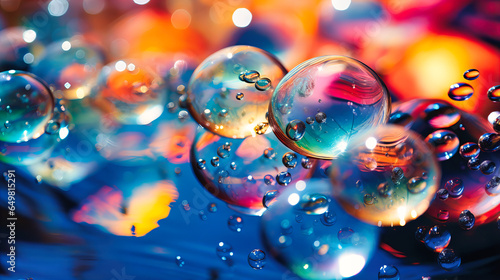 Rainbow-Tinged Bubbles Floating Over Calm Ponds, Light's Playful Liquid Orbs, photo